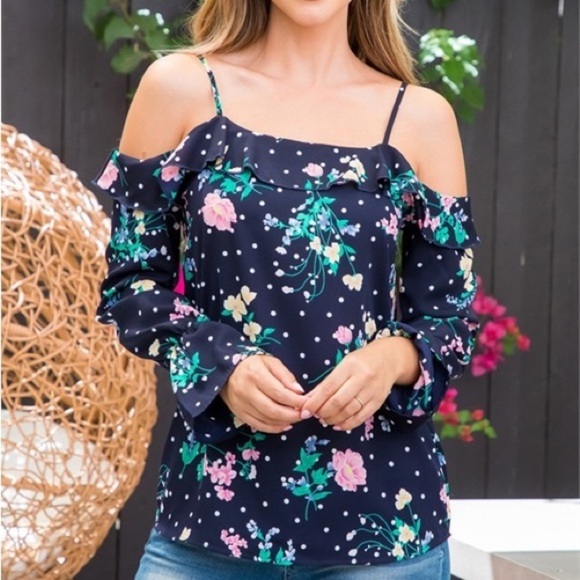 NEW COLD OFF SHOULDER POLKA DOT RUFFLE DETAIL SPAGHETTI‎ STRAP FLORAL NAVY TOP - Picture 8 of 10